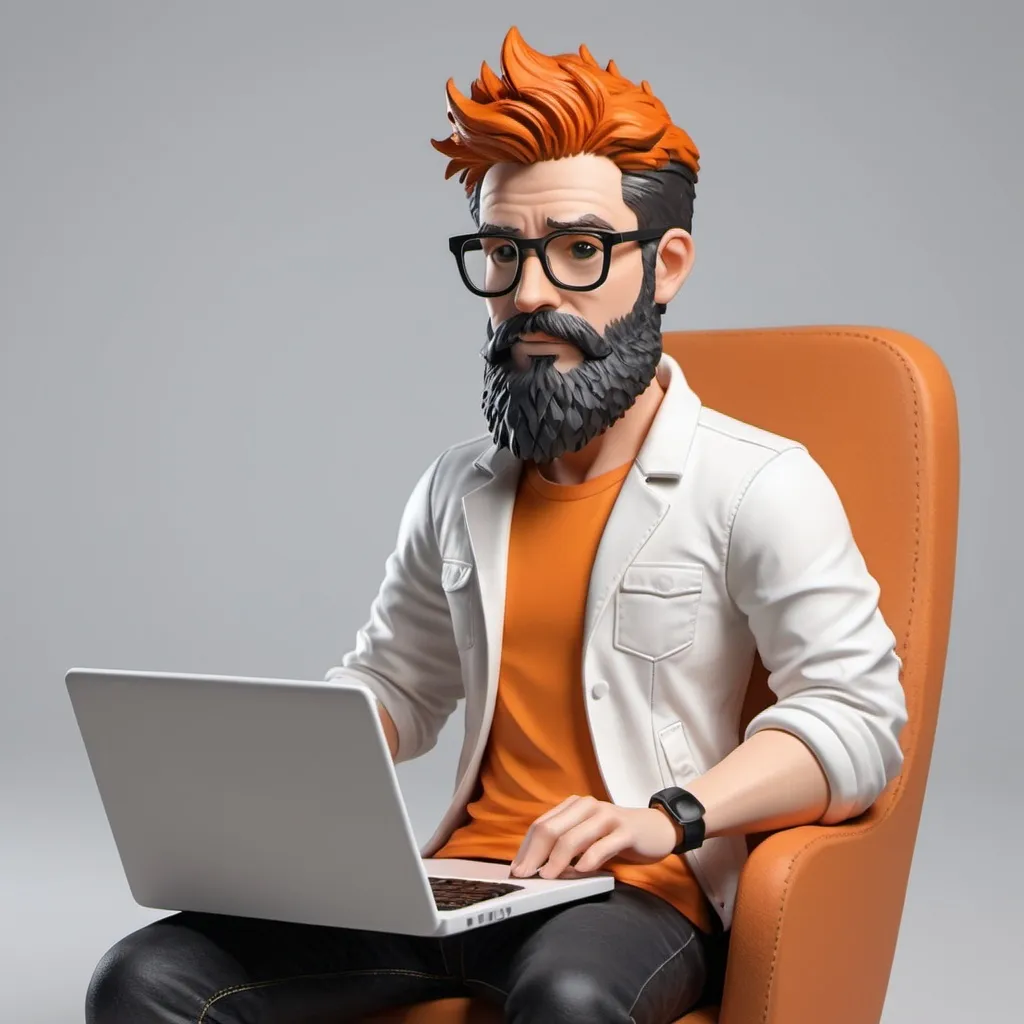 Prompt: create an 3d art of a UX designer with a laptop working on. Include black jeans, white jacket and orange tshirt. The 3d character should have light beard and spectacles