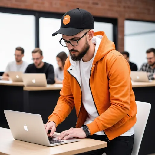 Prompt: a UX designer wearing orange tshirt, white jacket and black jeans and a cap working on a MacBook