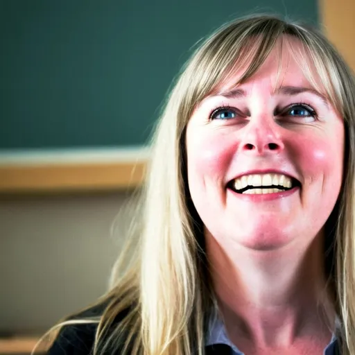 Prompt: 55-Year-Old teacher with long blonde hair with some lowlights and a little bit of grey who wears black rim glasses. Warm welcoming expression. Medium build, blue eyes, Professional educational portfolio photo. Kind expression on face. Background can be generic stock footage or classroom. Stay true to facial reference photo.