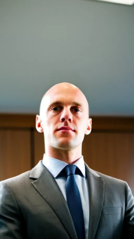 Prompt: a man with a bald head dressed in business attire In a board meeting with take holders , he is a professional, and deep in discussion, physical rendering, a stock photo, handsome, thin, serious, use photo realism not to heavy on the air brushing