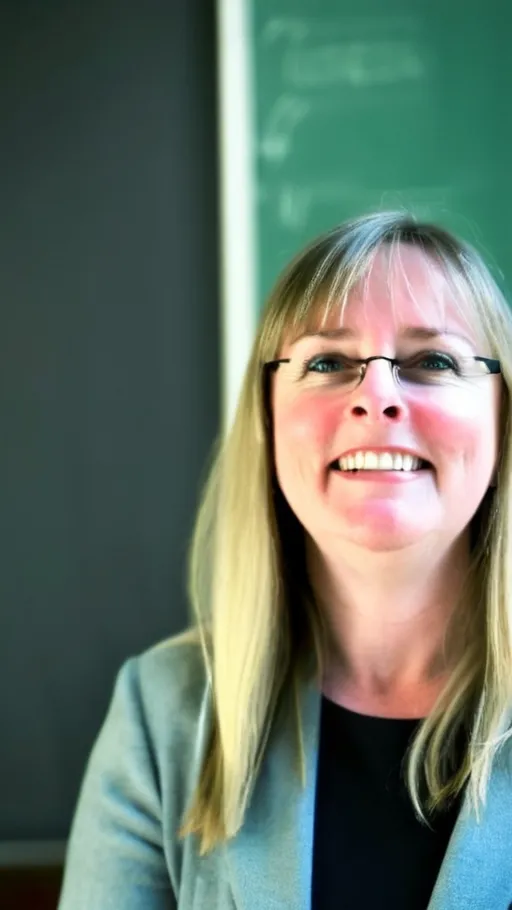 Prompt: 55-Year-Old teacher with long blonde hair with some lowlights and a little bit of grey who wears black rim glasses. Warm welcoming expression. Medium build, blue eyes, Professional educational portfolio photo. Kind expression on face. Background can be generic stock footage or classroom. Stay true to facial reference photo.