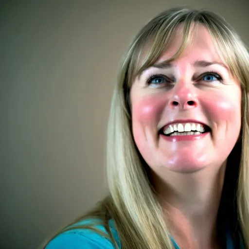 Prompt: 55-Year-Old teacher with long blonde hair with some lowlights and a little bit of grey who wears black rim glasses. Warm welcoming expression. Medium build, blue eyes, Professional educational portfolio photo. Kind expression on face. Background can be generic stock footage or classroom. Stay true to facial reference photo.