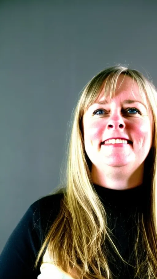 Prompt: 55 Year Old teacher with long blonde hair with some lowlights and a little bit of grey who wears black rim glasses. Warm welcoming expression. Medium build, blue eyes, Professional educational portfolio photo. Kind expression on face. Background can be generic stock footage or classroom. Stay true to facial reference photo. Glasses on top of her head and a few wrinkles on her face