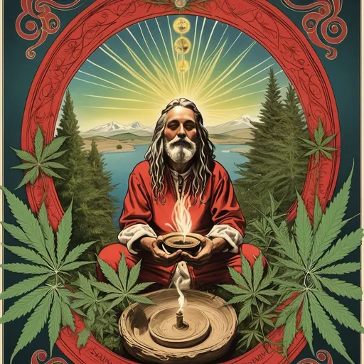 Prompt: Here’s a detailed prompt for creating a poster for the "Santa Maria Ceremony":


---

Prompt:

Design a captivating poster for the "Santa Maria Ceremony," an educational cannabis ceremony based on shamanic traditions. The poster should evoke a sacred, mystical, and transformative atmosphere, blending spiritual elements with nature. Include an image of a calm, serene landscape, such as a jungle or a tranquil forest, with subtle elements of sacred geometry in the background. In the foreground, show a central circle made of natural materials like leaves, flowers, and stones, symbolizing unity and connection.

Incorporate a figure of a shamanic practitioner, dressed in traditional attire, seated in meditation or conducting a ceremonial ritual, with soft lighting accentuating their presence. The color palette should feature earthy tones like green, brown, and gold, with hints of purple or blue to suggest spiritual elevation.

The title "Santa Maria Ceremony" should be bold, yet subtle, with a font that conveys both elegance and strength. Beneath the title, add the subtitle: "A Shamanic Cannabis Ceremony for Healing and Consciousness Expansion."

Include details about the event, such as the date, time, and location (Koh Phangan, Thailand), in smaller but readable text. The overall tone should invite curiosity and reverence, highlighting the blend of nature, spirituality, and healing.


