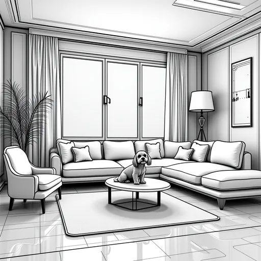 Prompt: black and white, line art, living room, neon lights illuminating the scene, plush couch, modern coffee table, elegant chair in front, Chris LaBrooy-inspired, maximalism style, retro-futuristic elements, 3D render, cute puppy as the central focus, playful atmosphere, dynamic geometry, intricate patterns, engaging layout, inviting space, detailed furniture designs, whimsical ambiance.