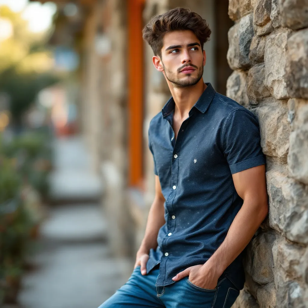 Prompt: Leaning casually against a textured stone wall, a young man exudes a confident vibe, dressed in a stylish short-sleeved shirt adorned with a subtle pattern and complemented by fitted jeans. His posture, with one hand resting in his pocket and the other hanging relaxed at his side, suggests a poised yet laid-back demeanor as he gazes thoughtfully to the side. The scene captures well-lit outdoor surroundings, likely in daylight, with a warm ambiance accentuated by the soft sunlight. The warm hues of the orange window frame contrast with the cooler tones of the stones, creating a harmonious interplay of colors, while his expressive gaze adds a layer of intrigue, inviting viewers to ponder his thoughts.