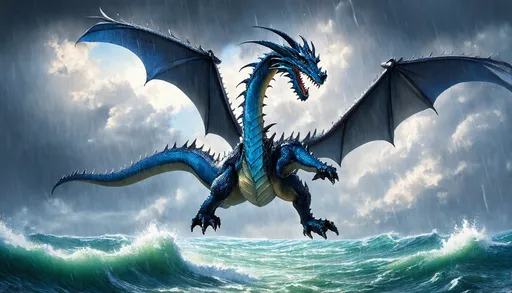 Prompt: A blue dragon in mid-flight, soaring above a tempestuous ocean. Rain lashes down, catching the light and creating a shimmering curtain around its powerful form. The dragon's wings, a symphony of muscle and membrane, propel it effortlessly against the storm clouds. (Focus: Water and wing dynamics, dramatic sky, sense of motion)