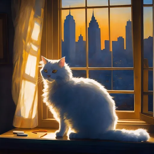 Prompt: The Artist's Shadow: A fluffy white cat with golden eyes curls up on a stack of canvases, its tail twitching gently as it watches the cityscape lights twinkle outside the window. The artist's silhouette, hunched over their easel, is reflected in the windowpane. (Focus: Contrast of light and shadow, cozy ambiance, a hint of artistic collaboration)