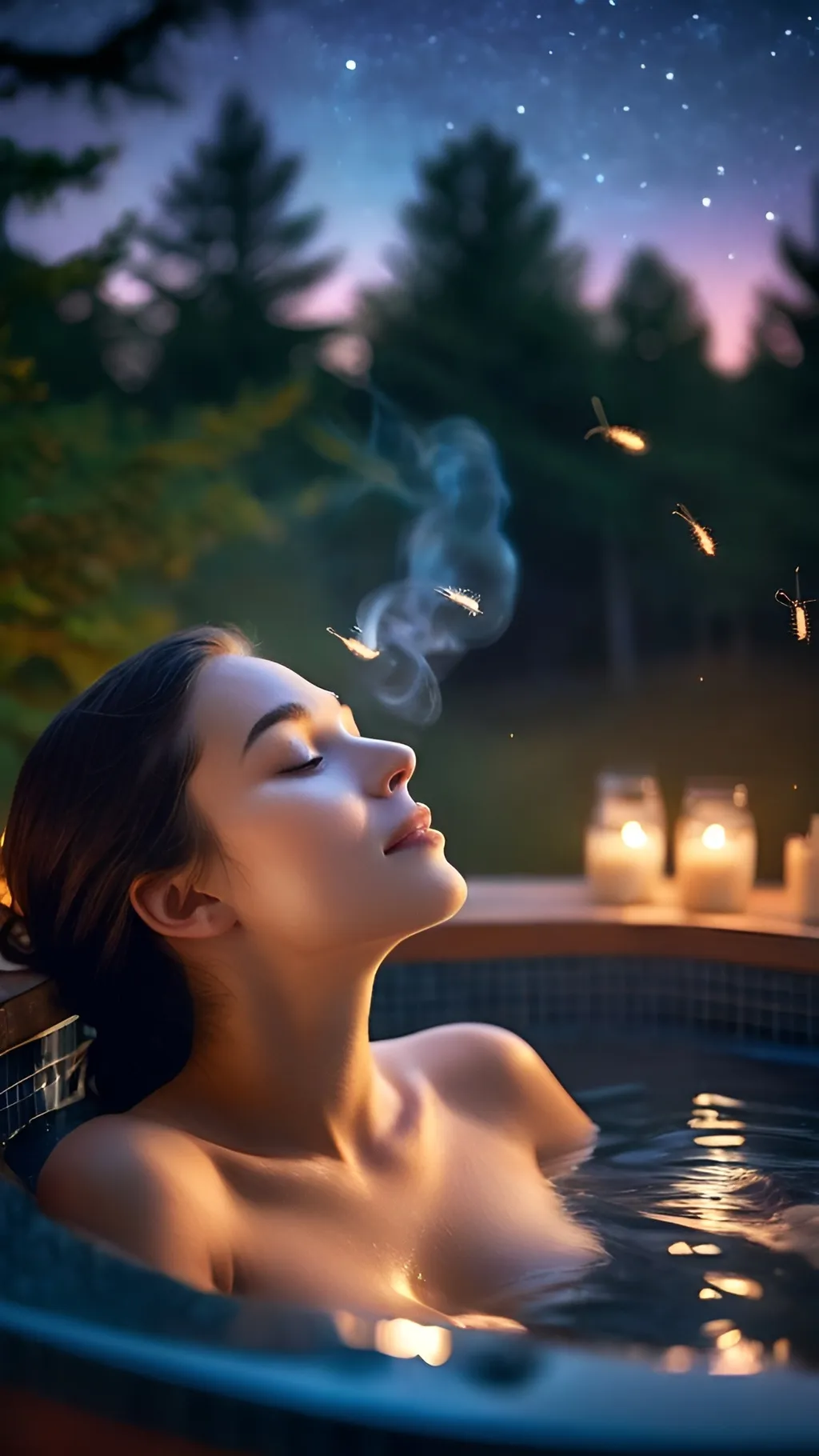 Prompt: Beneath a Starry Sky: As night falls, the young woman relaxes in a luxurious jacuzzi, steam rising around her. She closes her eyes, enjoying the warmth and gazing at the star-filled sky, a serene smile on her face. Fireflies twinkle among the nearby trees. (Focus: Peaceful ambiance, soft lighting, delicate details)