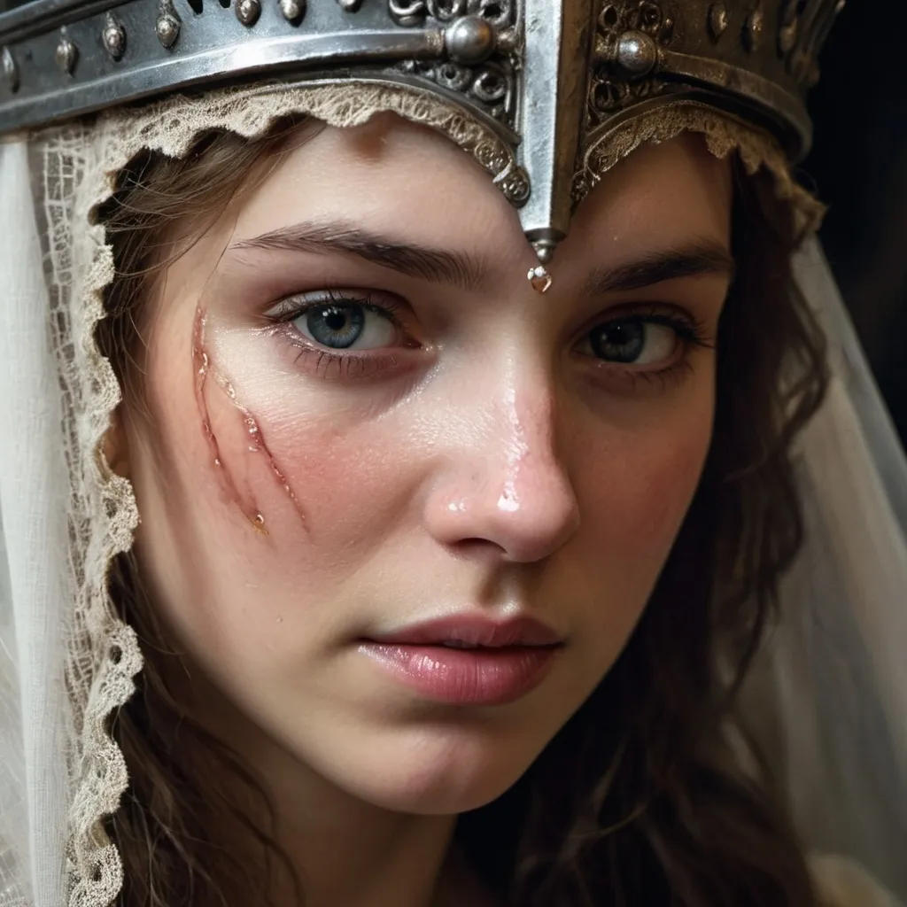 Prompt: Close-up on the princess's tear-stained face as the knight gently lifts her veil. His weathered hand, scarred from battle, contrasts with her delicate features. (Focus: Emotionally charged expressions, detailed textures of skin and fabric, soft lighting)