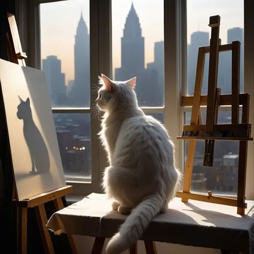 Prompt: The Artist's Shadow: A fluffy white cat with golden eyes curls up on a stack of canvases, its tail twitching gently as it watches the cityscape lights twinkle outside the window. The artist's silhouette, hunched over their easel, is reflected in the windowpane. (Focus: Contrast of light and shadow, cozy ambiance, a hint of artistic collaboration)