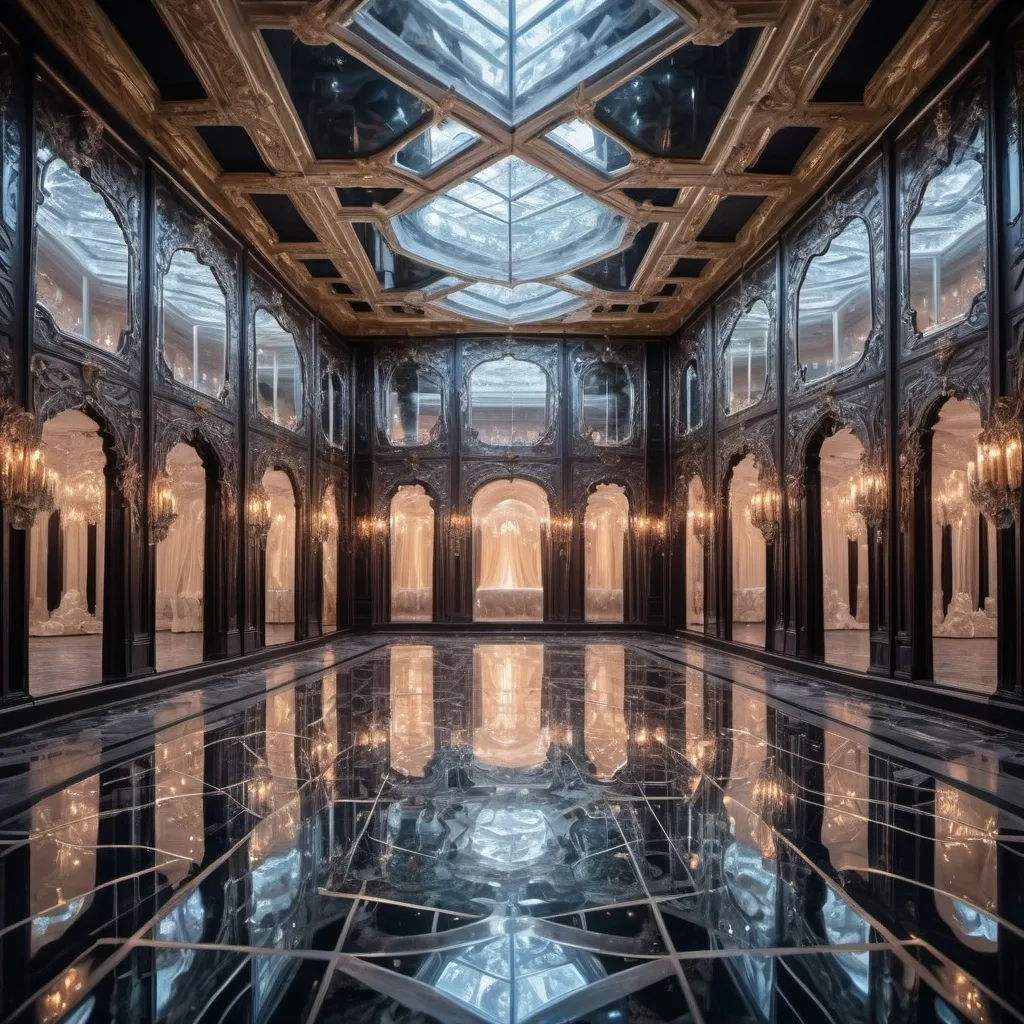 Prompt: An opulent palace crafted entirely of mirrors stands amidst a surreal dreamscape. Infinite reflections stretch out in every direction, distorting reality and creating a mesmerizing labyrinth of light and illusion. (Focus: Surrealism, geometric patterns, dazzling light play)