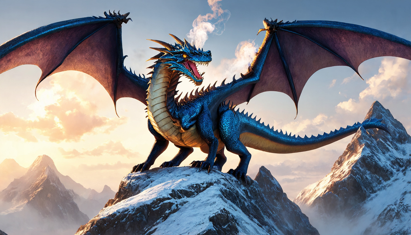 Prompt: A colossal blue dragon with iridescent scales, perched atop a jagged, snow-capped mountain peak. Its wings, vast and leathery, are partially unfurled, catching the golden light of the setting sun. Smoke curls from its nostrils, and its golden eyes gleam with fierce intelligence. (Focus: Scale texture, atmospheric lighting, powerful stance)