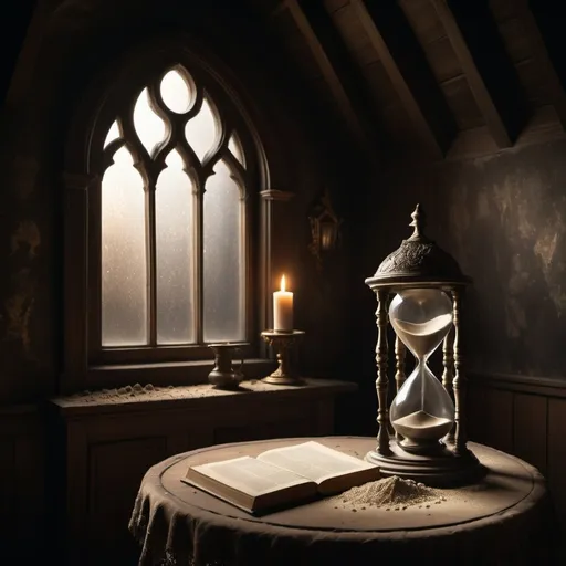 Prompt: In a dark and dusty attic, a gothic window throws beams of light onto a velvet-covered table. An ornate hourglass, filled with shimmering sand that seems to flow like liquid starlight, stands alone. Each grain represents a stolen memory, slowly draining away. (Focus: Dramatic lighting, antique aesthetic, sense of mystery and time).