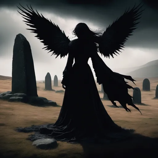 Prompt: On a windswept moor, a lone figure cloaked in shadows kneels before a towering stone circle. A Dark Fairy, her hair a tangle of thorns and her wings beating like a raven's, descends from the sky, offering a perilous bargain.
(Focus: Ominous setting, dramatic lighting, sense of power)