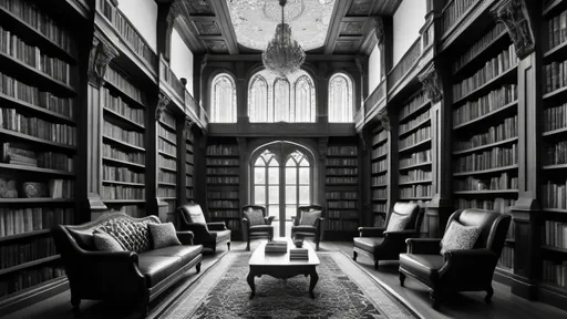 Prompt: A grand library, with towering bookshelves stretching into the distance. Every surface, from the walls and ceilings to the spines of the books, is covered in intricate, black and white Zentangle patterns. A single window casts a beam of light on a figure reading in a distant armchair.
(Focus: Intricate details, sense of depth, monochrome palette)