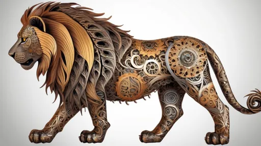 Prompt: A majestic lion, its mane a complex gear system of interlinking Zentangle patterns. Its eyes glow with a warm, golden light, and delicate patterns cover its entire body, highlighting its muscular form.
(Focus: Balance of intricate detail and bold shapes, metallic effects)