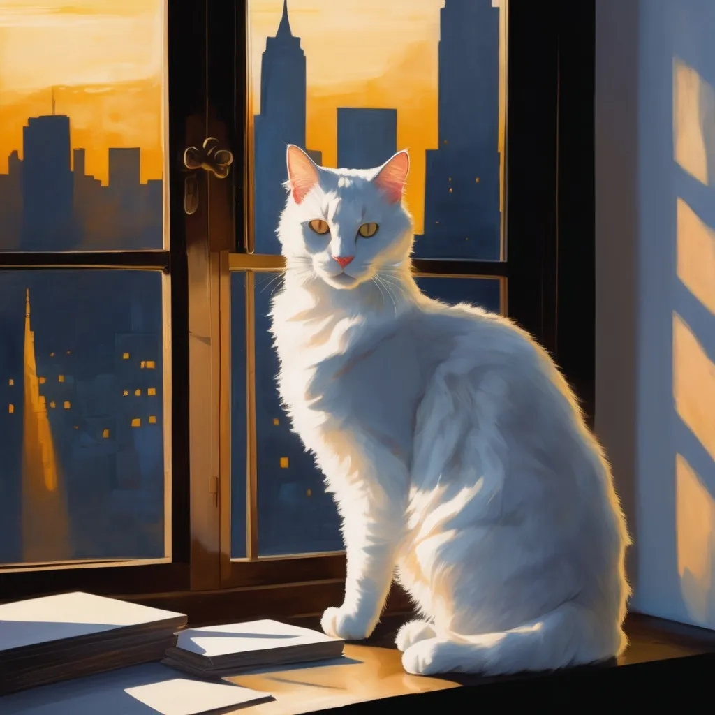 Prompt: The Artist's Shadow: A fluffy white cat with golden eyes curls up on a stack of canvases, its tail twitching gently as it watches the cityscape lights twinkle outside the window. The artist's silhouette, hunched over their easel, is reflected in the windowpane. (Focus: Contrast of light and shadow, cozy ambiance, a hint of artistic collaboration)