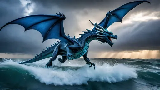 Prompt: A blue dragon in mid-flight, soaring above a tempestuous ocean. Rain lashes down, catching the light and creating a shimmering curtain around its powerful form. The dragon's wings, a symphony of muscle and membrane, propel it effortlessly against the storm clouds. (Focus: Water and wing dynamics, dramatic sky, sense of motion)