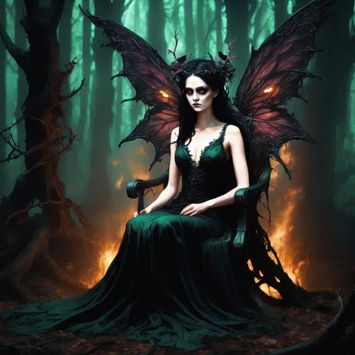 Prompt: In a clearing choked with twisted, thorny vines and glowing mushrooms, a Dark Fairy sits atop a throne of bones. Her once delicate wings are now tattered and black as midnight, and her eyes glow with a cold, emerald fire.
(Focus: Haunting atmosphere, unsettling beauty, hints of danger)