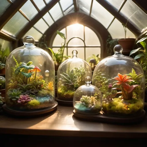 Prompt: A greenhouse bathed in golden sunlight houses a collection of glass terrariums, each one a miniature world teeming with exotic plants, glowing crystals, and bioluminescent creatures. Mist curls around the glass, adding to the magical atmosphere. (Focus: Vibrant colors, intricate details, sense of wonder).