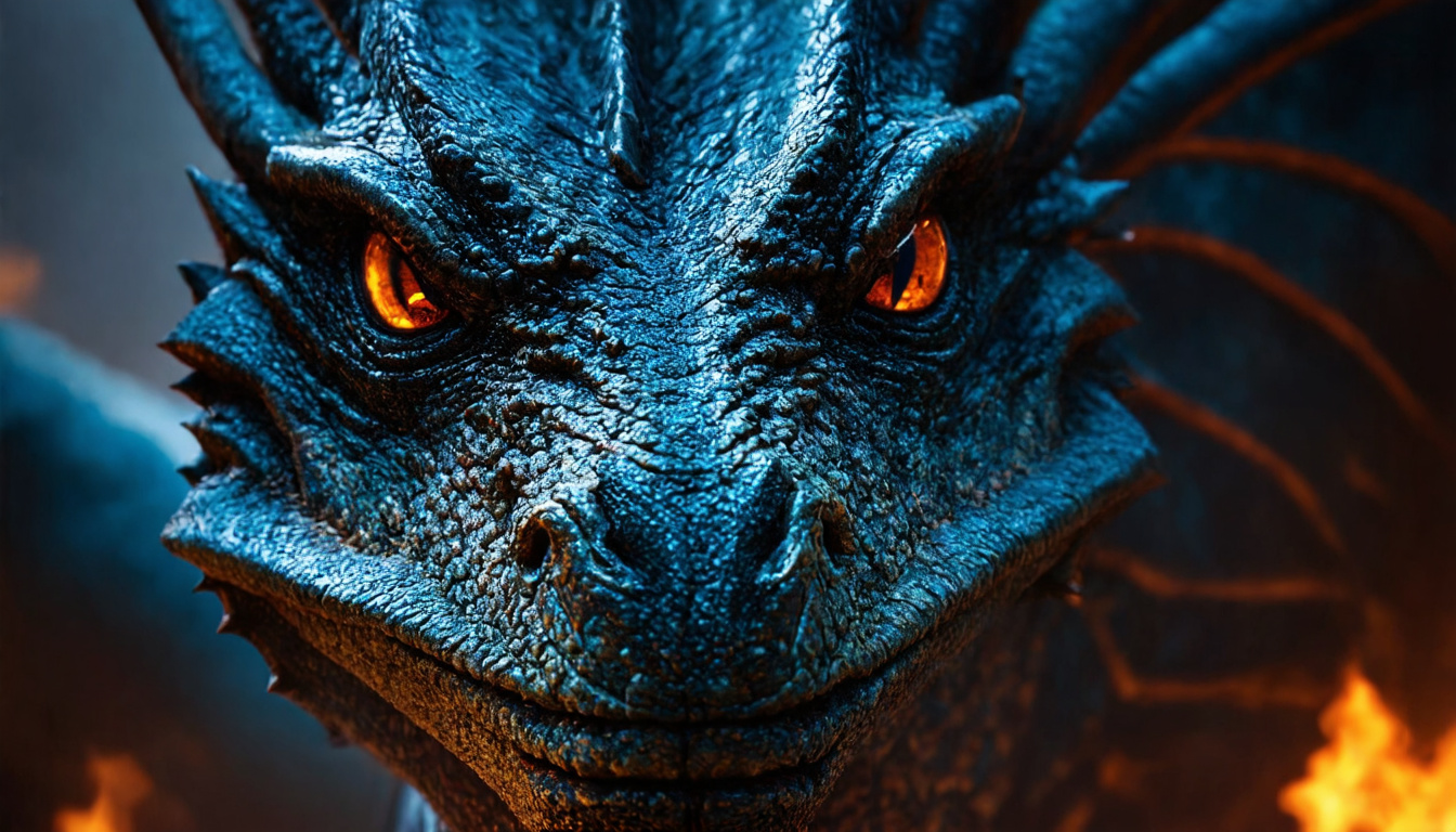 Prompt: An extreme close-up on the face of a blue dragon, filling the entire widescreen frame. Its single eye, a deep amber with a slitted pupil, reflects a hidden valley bathed in firelight. The texture of its scales is intricately detailed, showing signs of age and battle. (Focus: Eye detail, scale textures, dramatic lighting)