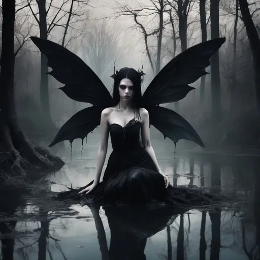 Prompt: Once a source of life and beauty, a spring has been tainted by dark magic. The water runs black and oily, and the surrounding trees are withered and bare. A Dark Fairy, her wings dripping with the corrupted water, gazes into the spring's depths, her reflection twisted and monstrous.
(Focus: Contrasting beauty and decay, environmental themes, unsettling transformation)