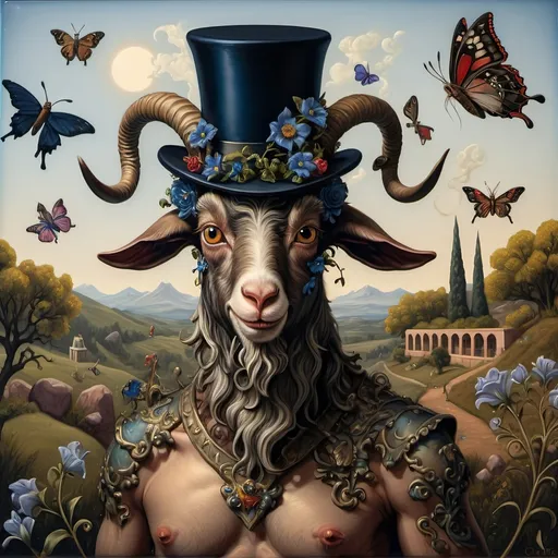 Prompt: (A seven wonders art glass studio) masterpiece oil painting, detailed depiction of a whimsical goat wearing a (top hat) adorned with vibrant flowers, accompanied by a graceful butterfly symbolizing Nuit. Spring Equinox 1467, infused with (Renaissance) influences, demonstrating a blend of pop surrealism in the style of pj crook, vivid colors and intricate details create a captivating atmosphere. 