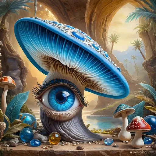 Prompt: (7 Wonders Art Glass Studio masterpiece oil painting), a magical mushroom, blue shell, blue eye (Eye of Horus), enchanting atmosphere, vibrant colors, surreal details, whimsical elements, mystical background, soft lighting, HD resolution, captivating composition, dreamlike surroundings, colorful expression, intricate textures, nature-inspired themes, rich artistic depth, alive with creativity.