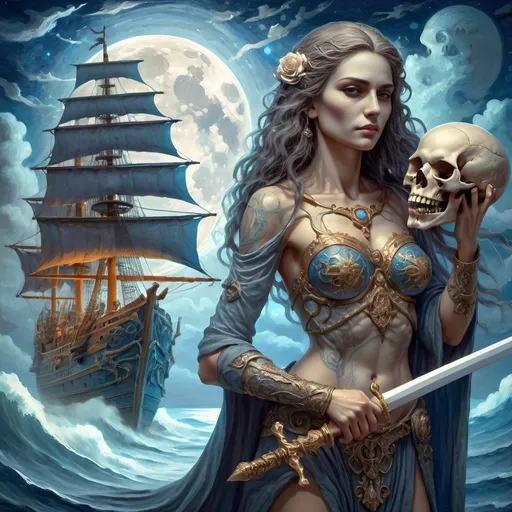 Prompt: a oil masterpiece painting of a female   from Seven Wonders Art Glass Studio holding a skull and a sword in front of a ship with a full moon honoring Nuit.