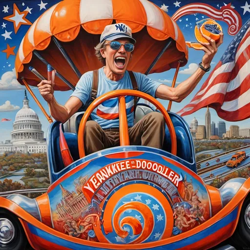 Prompt: (accurately spelled text "Yankee Doodler"), (psychedelic style), (vibrant color scheme), detailed painting, a Russian holding a Florida Orange symbolizing Republican endorsement of Russian authority and control over the U.S., in a thrilling roller coaster car, American flag dramatically waving, intricate Washington D.C. skyline in the background, surreal elements, dynamic perspective, bursting colors, high depth cinematic masterpiece.