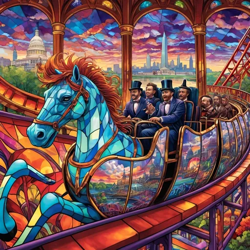 Prompt: (psychedelic art style), magicians riding a roller coaster, vibrant color scheme, whimsical atmosphere, capturing surprise photos,  intricate fine details, amusement park titled "Liberty Park" in D.C., stunning stained glass coaster, fantastical clouds floating, kaleidoscopic visuals, surreal happiness, exciting energy, high contrast colors, ultra-detailed, dreamlike scenery, bountiful whimsy, inviting yet thrilling ambiance.