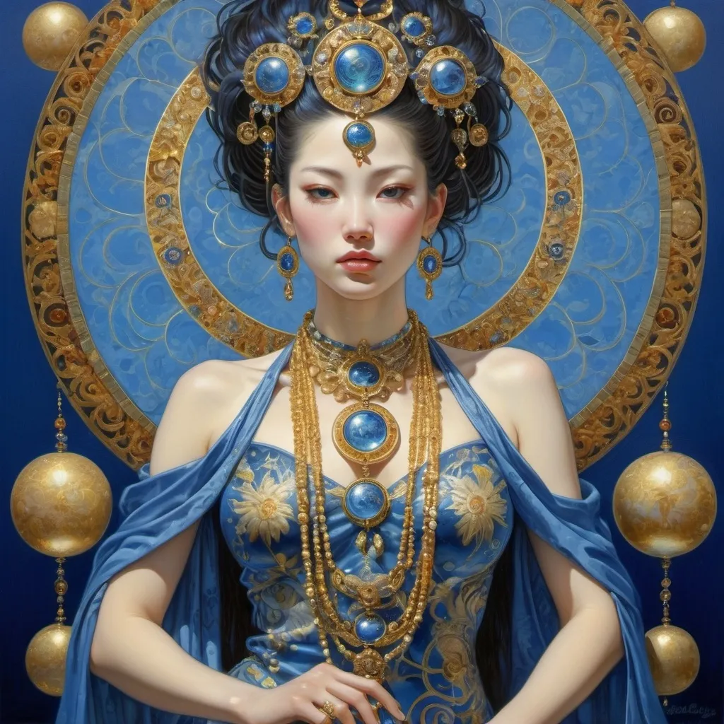 Prompt: (realistic painting of a woman with a large head), intricately adorned body covered in jewelry, set against a (striking blue background), featuring a (radiant gold circle), inspired by the styles of (Donato Giancola) and (Yukito Kishiro), in a vivid (cloisonnism) technique, showcasing high detail and depth, (masterpiece quality), evoking an enchanting and whimsical ambiance.