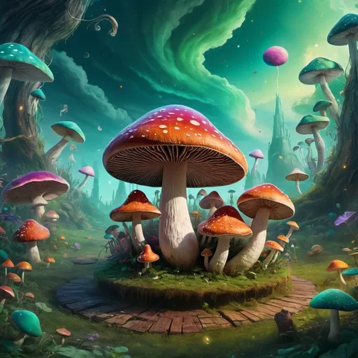 Prompt: (psychedelic mushroom) surrounded by a surreal mix of floating elements in the sky and whimsical objects on the ground, vibrant colors in greens and vivid hues, (fantasy artwork) enchanting atmosphere, dreamy and imaginative vibe, intricate details, (digital art) glowing textures, high depth and ultra-detailed, immersive scene capturing an otherworldly essence.