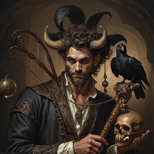 Prompt: (Renaissance still life), (man magician satyr), (dark color scheme), (elegant pose), (horns), holding a cane with skull orc, (crow perched on his shoulder), intricate details, moody ambiance, dim celestial lighting, rich textures, dramatic shadows, (stylized cane topped with a skull orb), ultra-detailed, high quality, evocative atmosphere.