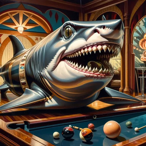 Prompt: (shark in a suit) playing pool, pool cue and ball in front, (F. Scott Hess style), (pop surrealism), enriched classical painting techniques, fine art masterpiece, luminous glass textures, intricate details, vibrant color palette, dynamic composition, warm and inviting ambiance, evoking whimsy and creativity, honoring Nuit, high artistic quality, 4K resolution.