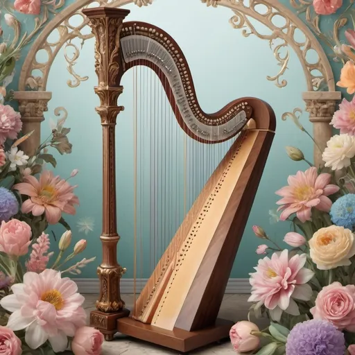 Prompt: (artstyle-renaissance poster), beautifully detailed harp, surrounded by vibrant pastel flowers, various musical instruments elegantly arranged around, intricate patterns inspired by (neoclassicism) and (Flemish Baroque), soft and dreamlike illumination, inspired by Ernst Haeckel, harmonious color palette, 4K ultra-detailed aesthetics, evoking a musically rich and artistic ambiance, rich textures that enhance depth and elegance, capturing the essence of classical artistry.