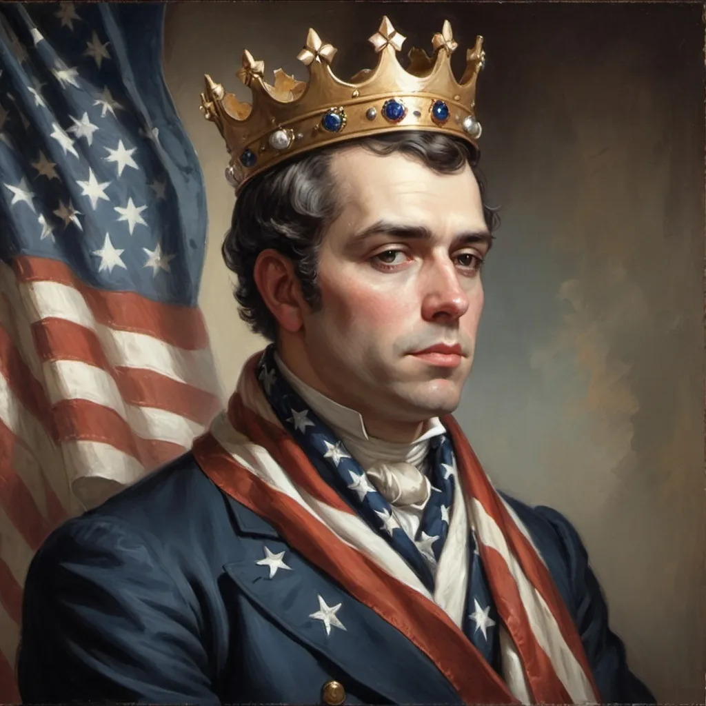 Prompt: a painting of a man wearing a crown and a scarf with stars and stripes on it, with an american flag in the background, Edward Otho Cresap Ord, II, american romanticism, official art, a character portrait