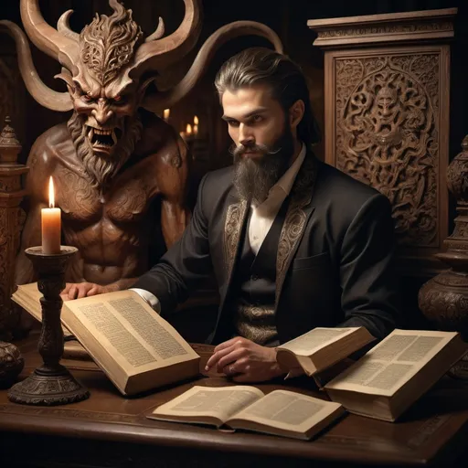 Prompt: Still life portrait of a (graceful demon with beard), seated elegantly at an (exquisitely crafted wooden table), beautifully detailed with intricate carvings, featuring an (open ancient book) beside ornate manuscripts, soft dramatic lighting casting shadows, creating a mysterious and inviting ambiance, rich color tones enhancing the elegance, ultra-detailed, high definition, evocative of timeless allure.