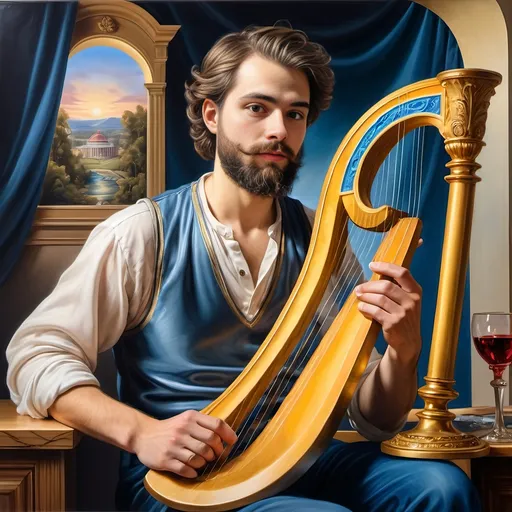 Prompt: (Seven Wonders Art Glass Studio), oil painting, (honoring Nuit), a man with a beard, holding a harp, glass of wine, golden cup beside him, (Ditlev Blunck), neoclassicism, classical painting, Flemish Baroque style, high detail, rich colors, warm glowing light, serene atmosphere, capturing tradition and reverence, elegant background with ethereal elements, ultra-detailed composition, masterful artistry.