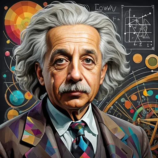 Prompt: (art movement: Art Deco), vibrant color scheme, (Carousel of Science), highly detailed digital painting, statue-like Albert Einstein, gracefully posed on a (majestic horse), a mysterious (chalkboard) filled with equations and sketches in the background, (ultrafine details), playful yet thoughtful atmosphere, intricate geometric patterns, rich textures, 4K quality, striking composition, dynamic blending of colors, creative expression through scientific wonder.