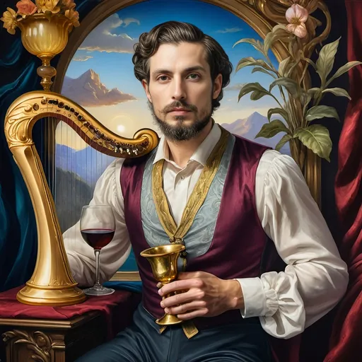 Prompt: (Seven Wonders Art Glass Studio), oil painting, (honoring Nuit), a man with a beard, holding a harp, glass of wine, golden cup beside him, (Ditlev Blunck), neoclassicism, classical painting, Flemish Baroque style, high detail, rich colors, warm glowing light, serene atmosphere, capturing tradition and reverence, elegant background with ethereal elements, ultra-detailed composition, masterful artistry.