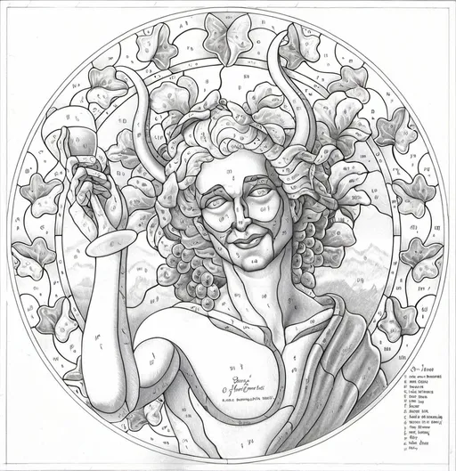 Prompt: A Seven Wonders Art Glass Studio (SWAGS) Stained Glass Pattern honoring Nuit.  A line drawing of Bacchus for coloring and cutting dye templates.  Grapes and wine glass in hand.  Art Nouveau period copper foil technique.  detailed illustration, a character portrait