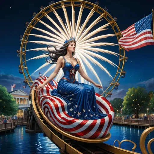 Prompt: (7 Wonders Art Glass Studio), a person in (patriotic dress), riding a vibrant rollercoaster at Liberty Park, fireworks bursting in the dark sky, U.S. flag-themed floats in the background, the illuminated Capital Wheel on the Wharf, celebrates the essence of freedom, (cultural homage to goddess Nuit), energetic ambiance, verdant park surroundings, (4K) resolution, ultra-detailed composition, festive and inspiring atmosphere.