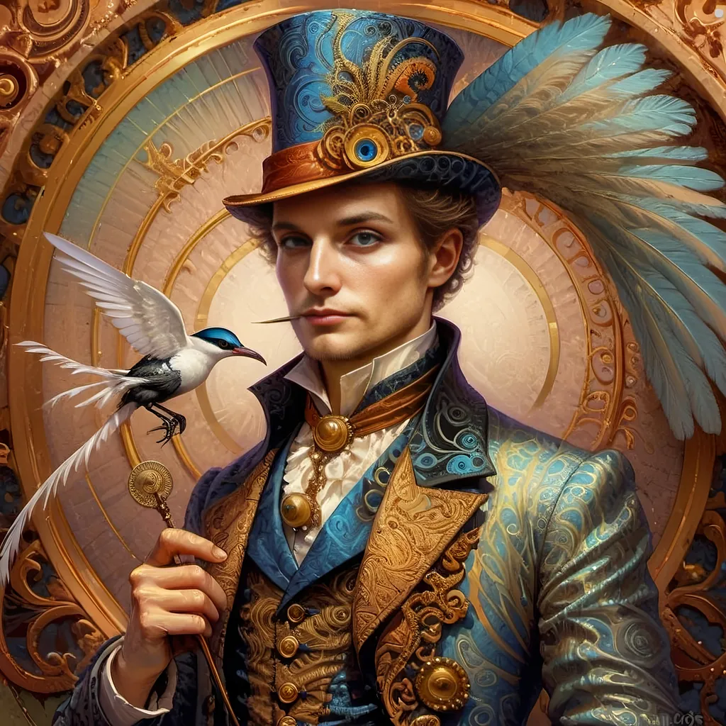 Prompt: a painting of a colorful bird with a circular background and a gold ring around it's neck and a blue eye, Android Jones, psychedelic art, highly detailed digital painting, a detailed painting