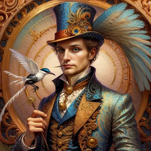 Prompt: a painting of a colorful bird with a circular background and a gold ring around it's neck and a blue eye, Android Jones, psychedelic art, highly detailed digital painting, a detailed painting