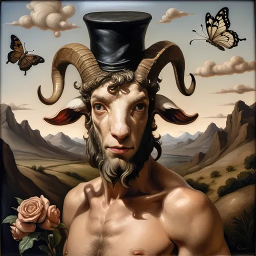 Prompt: A Seven Wonders Art Glass Studio oil masterpiece painting of a goat with a top hat and flowers on its head and a butterfly honoring Nuit.  Commissioned Spring Equinox 1467 Renaissance pop surrealism, pj crook, a detailed painting