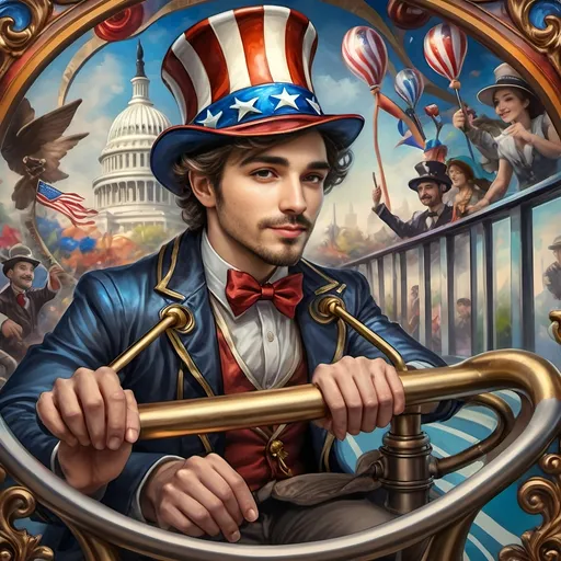 Prompt: (A Seven Wonders Art Glass Studio masterpiece) painting of a man wearing a patriotic hat, (thrilling pose) riding the Freedom rollercoaster, (vibrant colors), scenic background of Freedom Park in D.C., (dynamic movement), celebrating freedom, eternal spark of joy, whimsical ambiance, soft warm lighting, highly detailed, clarity, engaging and joyful atmosphere, surrounded by delighted visitors, landmarks in the distance.