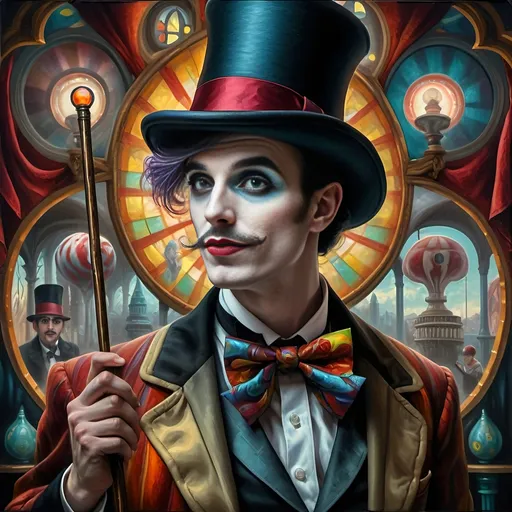 Prompt: (A psychedelic oil painting) of a magician, (a man with a top hat and cane), vivid color palette, enchanting scene, intricate stained glass window behind him, whimsical patterns, surreal atmosphere, mystic aura, high contrast lighting, art reflecting the imaginative essence of seven wonders, (ultra-detailed), captivating and dreamlike ambiance.