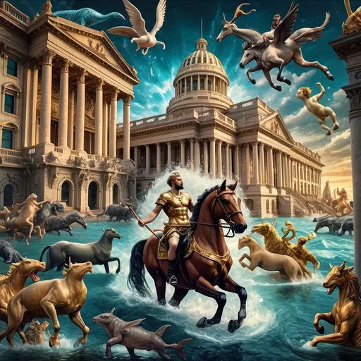 Prompt: (Court of Neptune, Library of Congress), vibrant color scheme, (Art Deco style), man riding a (horse in water), surrounded by (other animals), majestic building in the background, inspired by Carel Willink, neoclassicism influences, ultra-detailed, cinematic matte painting, grand composition, rich textures, high quality 4K, enchanting atmosphere, dreamy ambience, fantastical elements intertwined.